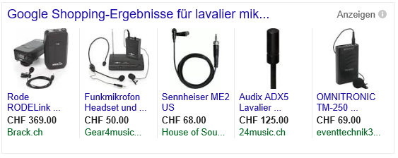 Google-Suche für Lavalier Mikrofone von Rode oder Sennheiser