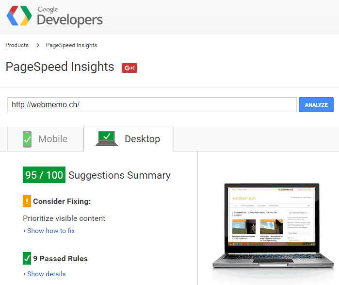 Optimierte Werte in Googles Pagespeed Insights für webmemo.ch