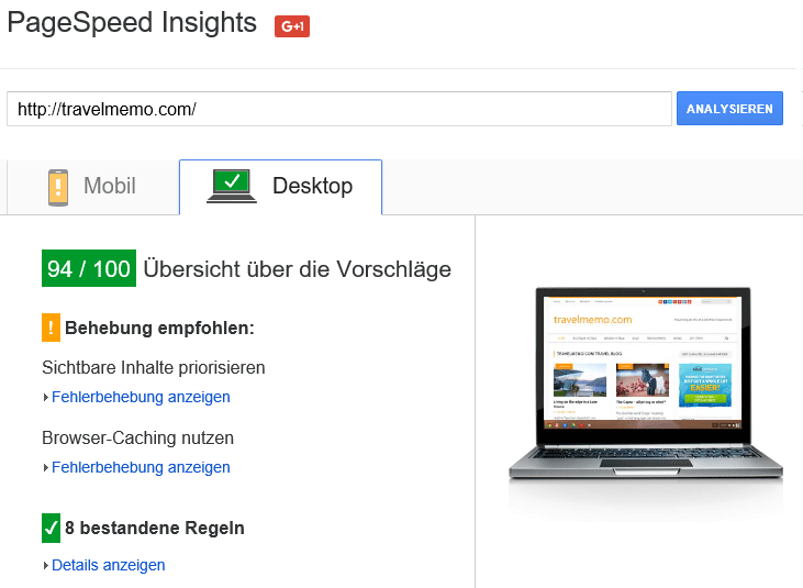 Google Pagespeed Insights für travelmemo.com